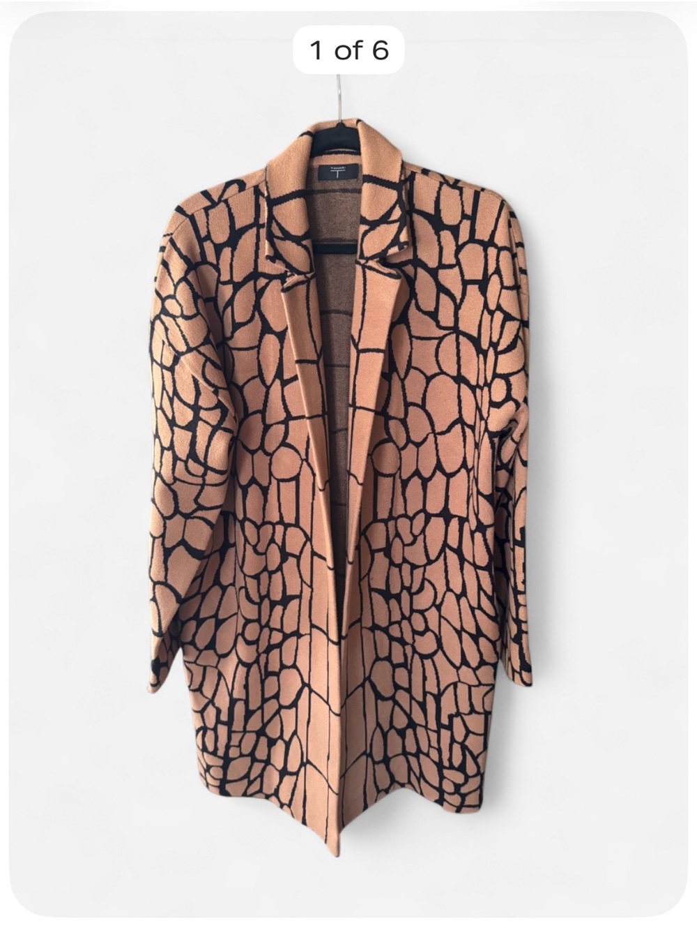 Tahari XL Camel Black Geometric Sweater Duster Long Cardigan w/Pockets